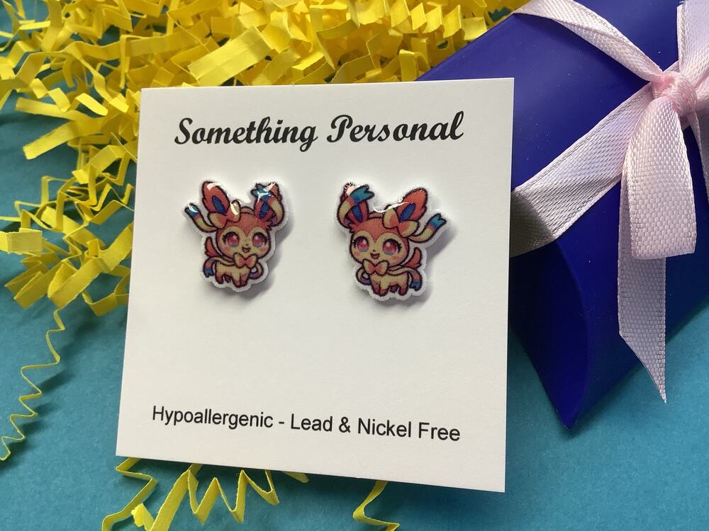 Sylveon Pokemon Inspired Stud Earrings - Gift Boxed - Chibi Cute - Eeveelution